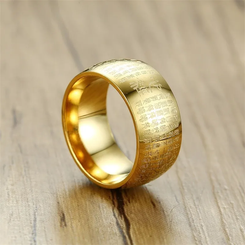 10mm Golden Ring For Men Stainlesss Steel Engraved Matra Buddhist Spiritual Jewelry Buddhism Gifts | Украшения и аксессуары