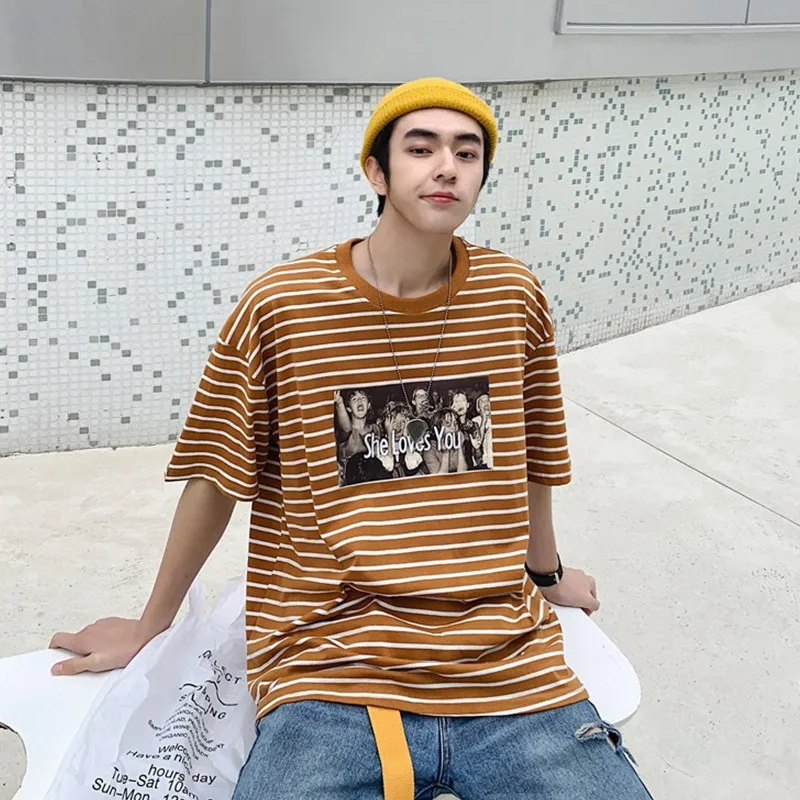 2019 весна лето новая трендовая Корейская мужская повседневная полосатая футболка