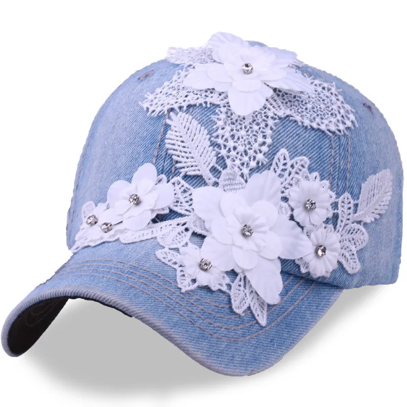 2019 New Women Baseball Cap Handmade Flower Denim Female Snapback Cap Gorras Casquette Adjustable Quality Sun Dad Caps