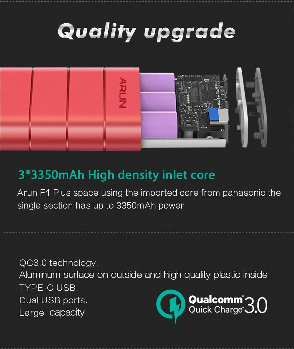 ARUN 10000 mAh power Bank QC 3 0 type c Быстрая зарядка внешняя 18650 аккумуляторное зарядное