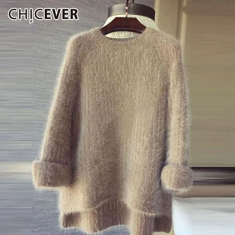 CHICEVER Knitting Women's Sweater O Neck Long Sleeve Asymmetrical Mohair Pullover Tops Female Plus Thick Harajuku 2020 Autumn | Женская