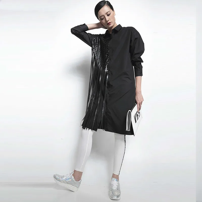 Twojstyle Patchwork Tassel Shirt Big Long sleeve large size CasuaL black Tops Loose Blouse Woman Fashion Korean clothing |