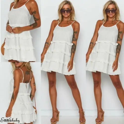 Women Casual Sleeveless Frill Party Beach Dress Strappy Short Mini Ladies Cotton Solid Loose Dresses Female Clothing | Женская одежда