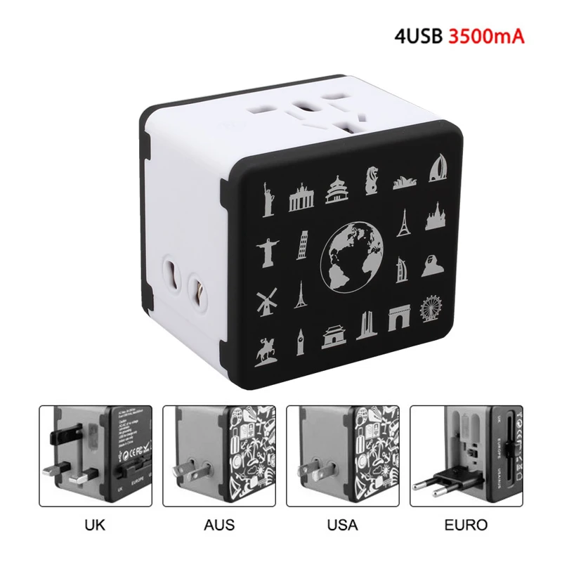Универсальный адаптер питания для путешествий с 4 USB международными адаптерами