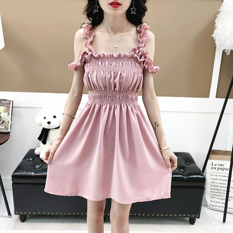 Летние Для женщин Kawaii милые однотонные платье без рукавов Спагетти ремень строки