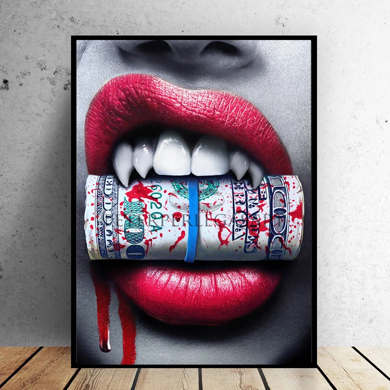 

Newest Wall Art Prints Posters Sexy Red Lips Bite Bullet and Money Modern Wall Decor Canvas For Living Room Decor No Frame