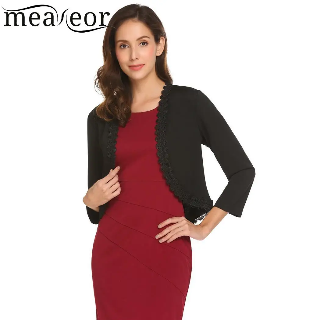 Meaneor Vinatge 3/4 Sleeve Women Shrug Sexy Front Open Casual Outerwear Hem Cardigan Coats Patchwork Asymmetrical Crochet |