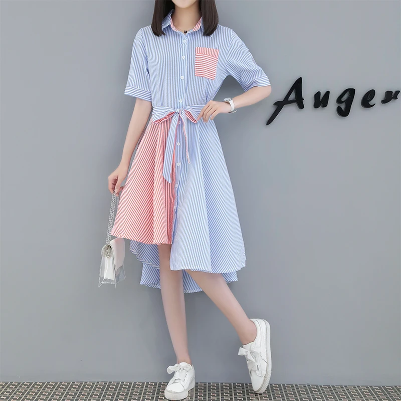 

2019 Summer Women Dress Stripe Dresses Cover Belly Big Yards Dress Plus Size L -4XL Casual Girl Clothes Print Student Clothing