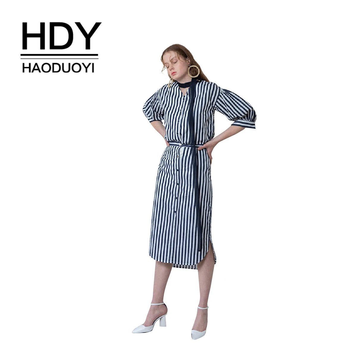 Платье HDY Haoduoyi женское Осеннее простое корейское в полоску однобортное с