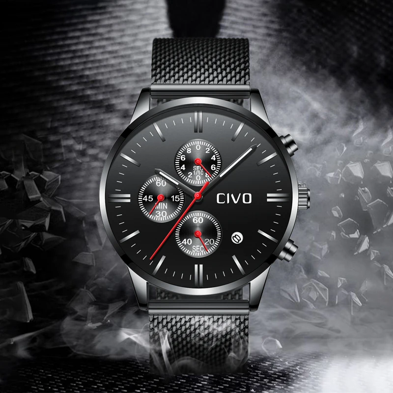 

CIVO Business Casual Watch Black Stainless Steel Mesh Watch Clock Mens Watches Waterproof Chronogra Analogue Quartz Wristwatch
