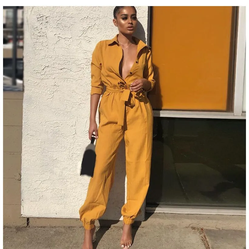 2019 сексуальный комбинезон для женщин с длинным рукавом поясом и кнопками