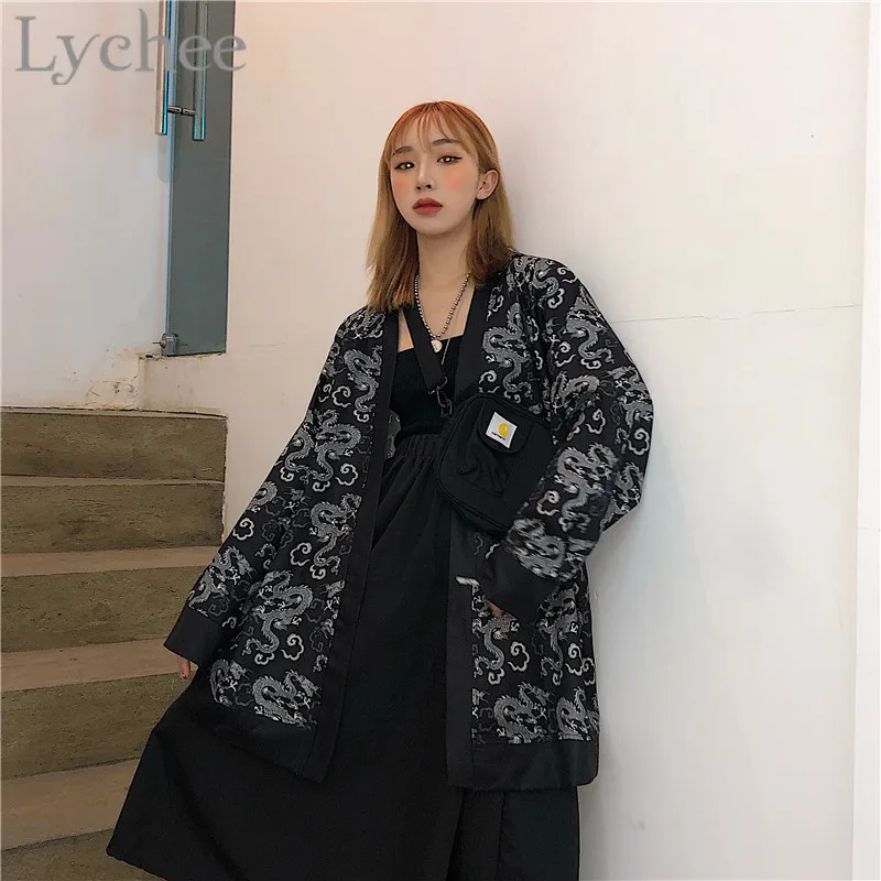 Harajuku с принтом в виде дракона Кардиган женские блузки кимоно длинным рукавом 2019