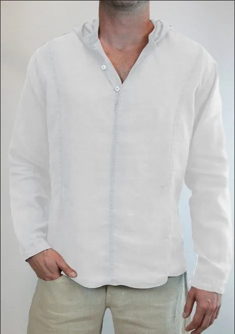 

2019 New Men's Loose Linen Shirts Male Solid Color Oversized Cotton Linen V-neck Shirts Men Casual Hooded White Flax Shirt M-3XL