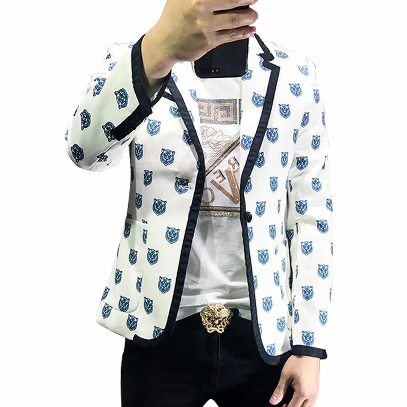 Tiger Head White Blazer Jacket Male 2019 Season Frivolous Mans Suit Trill Hairstyle Division Avoid Burn Loose Coat Hombre | Мужская
