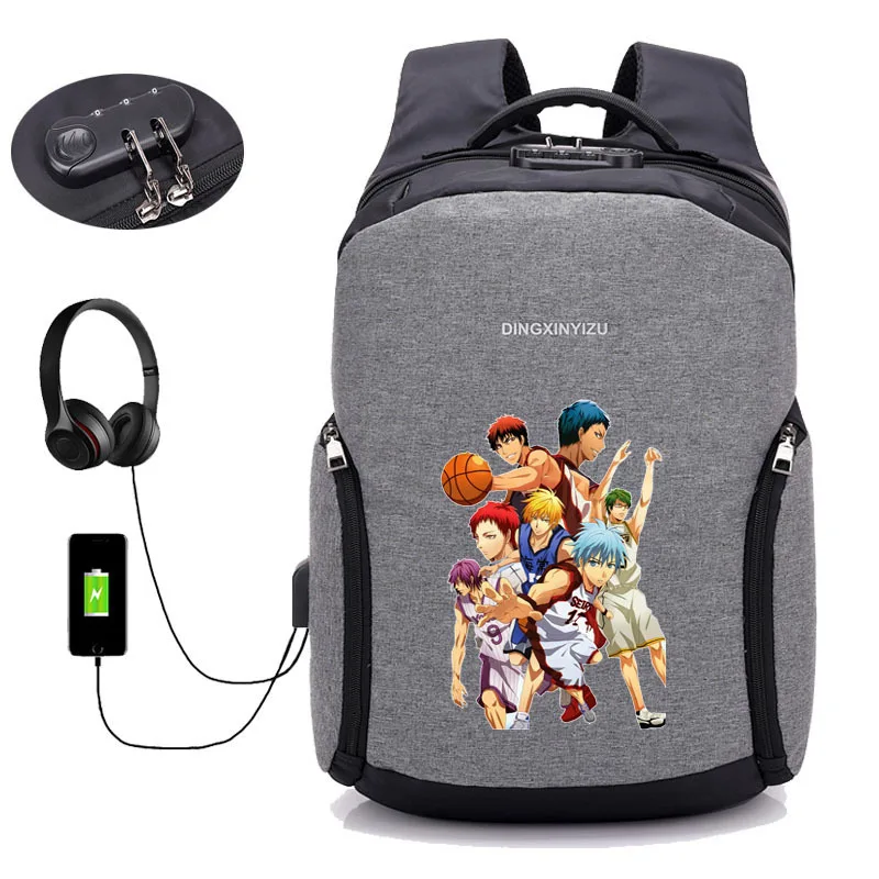 Рюкзак для ноутбука Kuroko no Basket с защитой от кражи и USB зарядкой водонепроницаемый