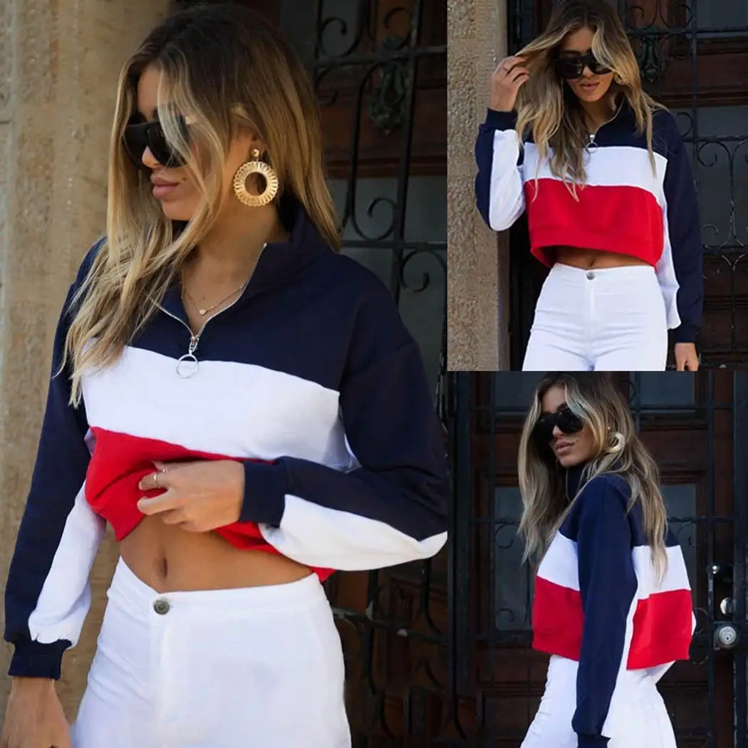 Женский Повседневный пуловер с длинными рукавами на молнии v образным вырезом