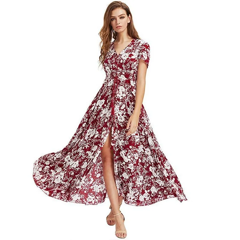 Floral Maxi Beach Dress Women Summer 2019 New V Neck White Boho Casual Ladies Short Sleeve Holiday Long Dresses For | Женская одежда