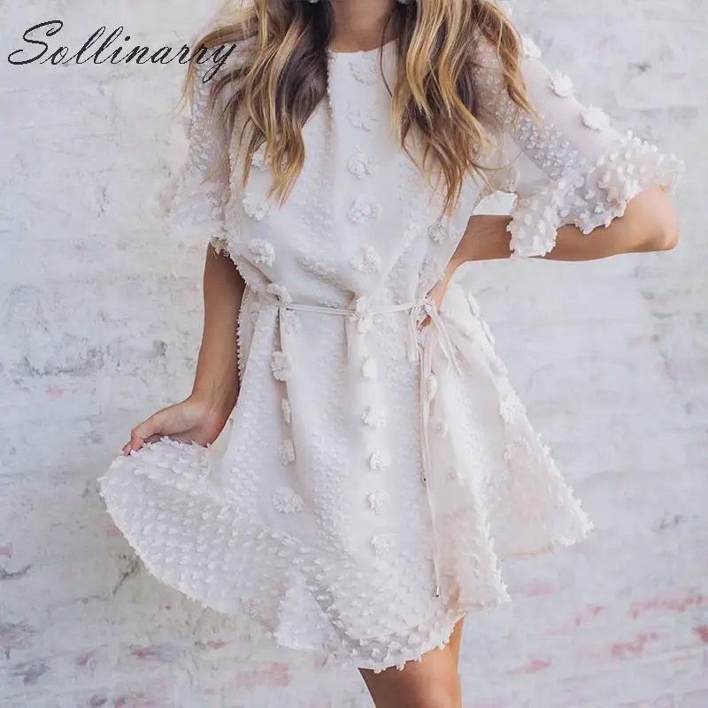 Sollinarry летнее короткое белое платье в горошек женское 2019 Повседневное с короткими