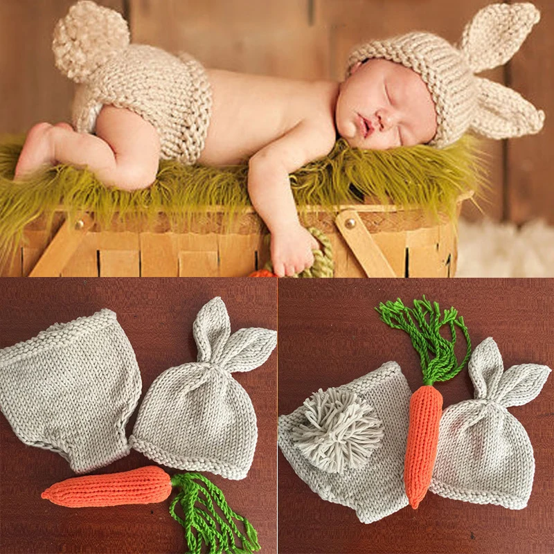 3pcs/Set Newborn Photography Props Knitted Cute Rabbit Shaped Hat+Shorts Outfits Costume Winter Baby Photo Clothes Suit | Детская одежда