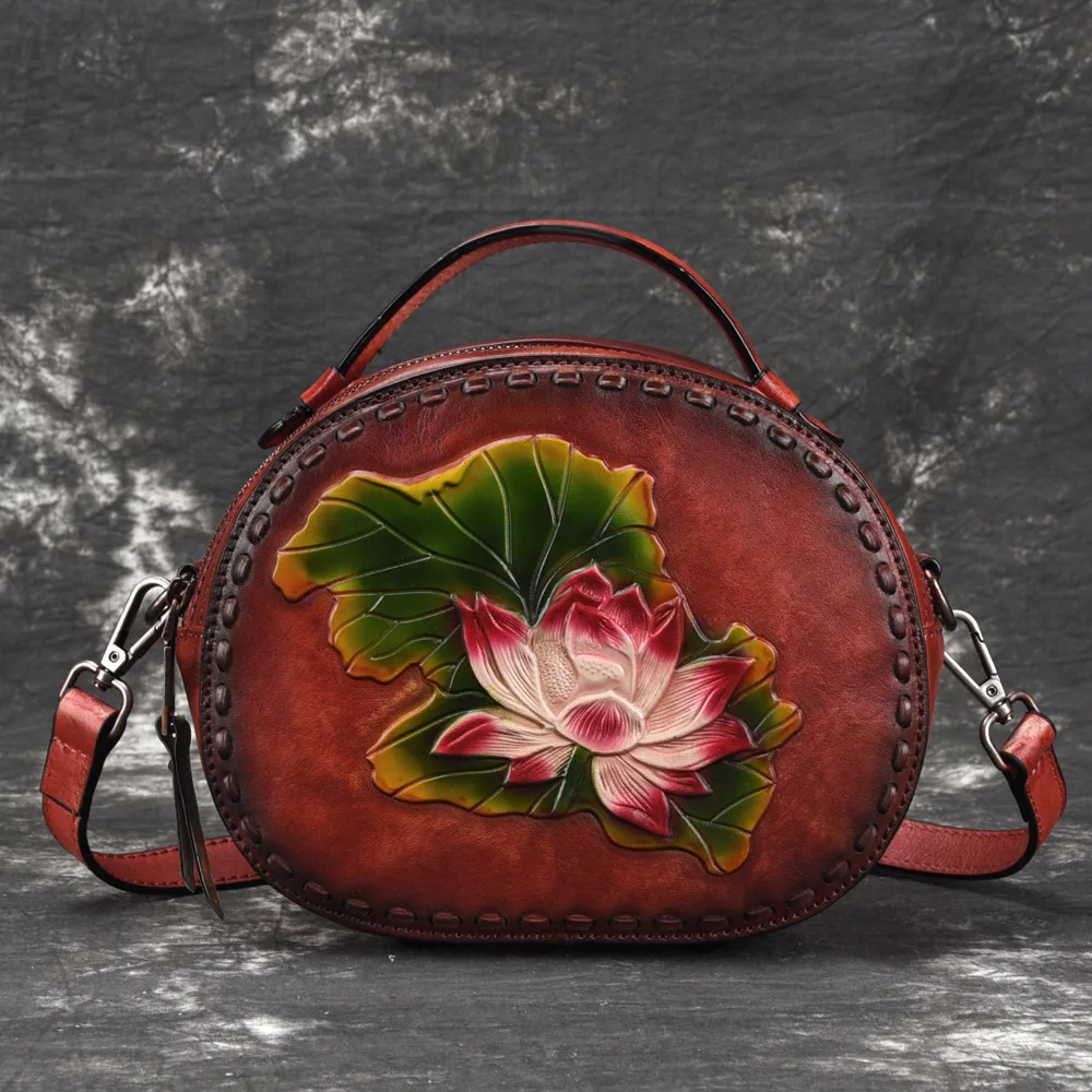 

Genuine Leather Top Handle Cross Body Bag Lotus Pattern Chinese Style Tote Vintage Women Real Cowhide Messenger Shoulder Bags