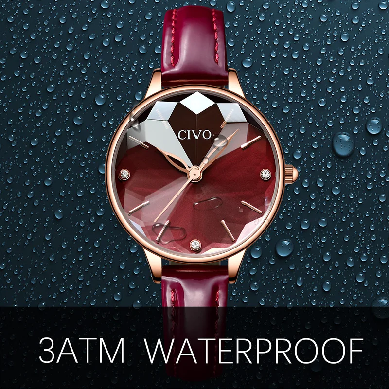 

CIVO Luxury Zegarek Damski Ladies Rhinestone Bracelet Quartz Wrist Watches Waterproof Red Wine Leather Diamond Watches