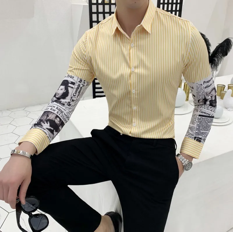 Корейский Роскошные полосы печати приталенная Мужская рубашка Camisa Masculina