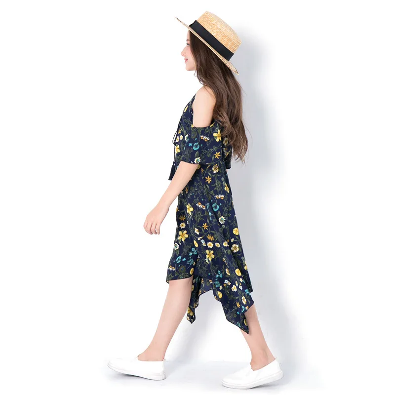 Off the Shoulder Teenage Girls Chiffon Dress Summer 2019 Floral Print Sequined Holiday Beach Clothing 10 12 years | Детская одежда и