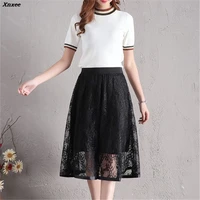 elegant solid midi lace skirts elastic waist skirt women a line casual beach summer hollow out skirt 2018 female clothing xnxee