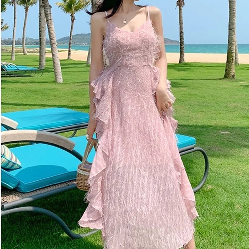 2019 Summer Women Elegant Spaghetti Straps Ruffles Boho Dress Ladies High Waist Sexy V Neck Backless Long Beach Dresses Vestidos | Женская