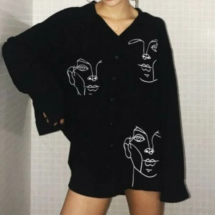 New Fashion Women's Unisex Casual Button Up Long Sleeve Print Blouse Cool Gril Shirt |