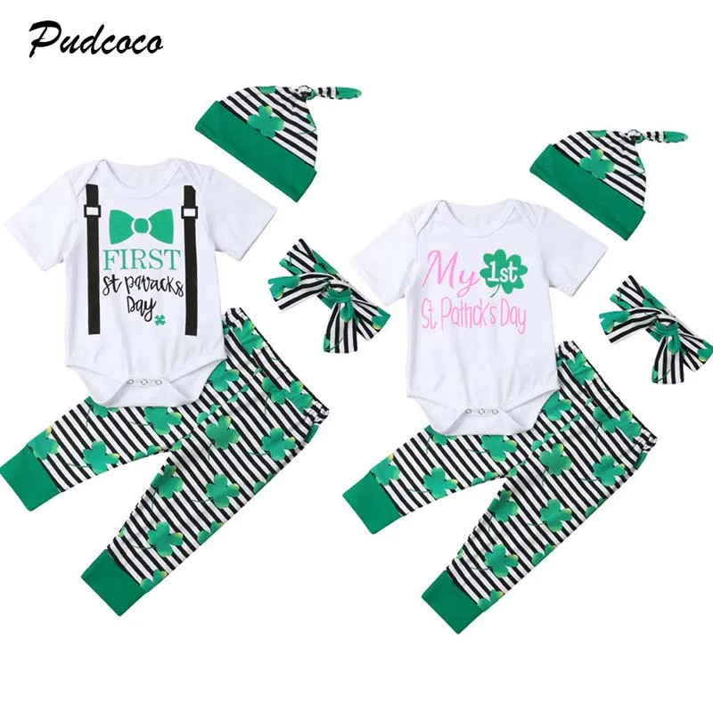 2019 Brand 4Pcs Newborn Baby Boy Clothes Cute Cotton Short Sleeve Top Bodysuit Long Stripe Pants Hat Headband Outfit Set 0-24M |