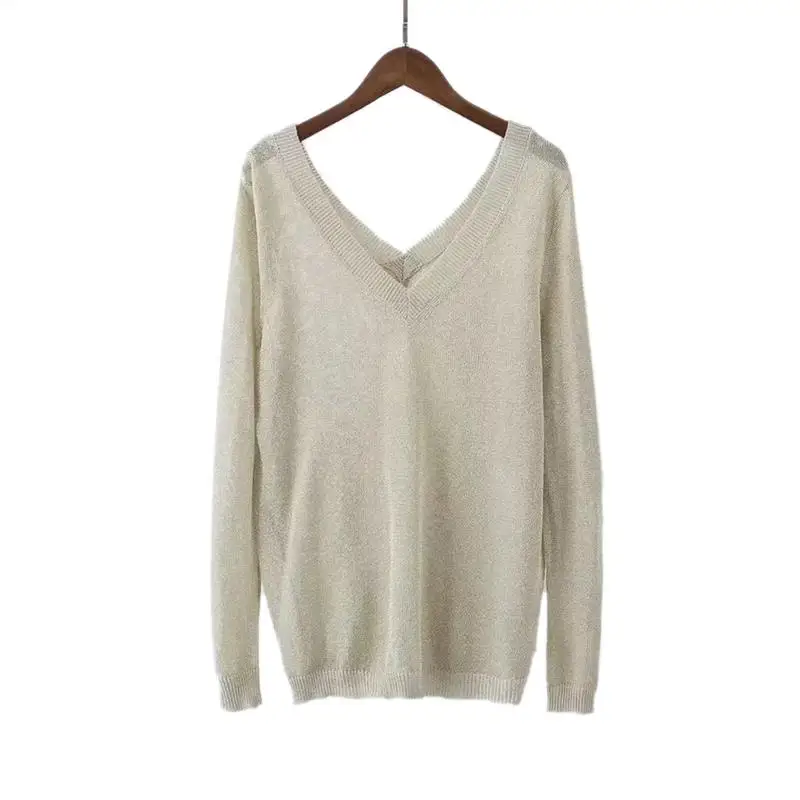 Loose Fitted Versatile Thin Section With Bright Silk Flash V - Neck Women Pullover Sweater | Женская одежда