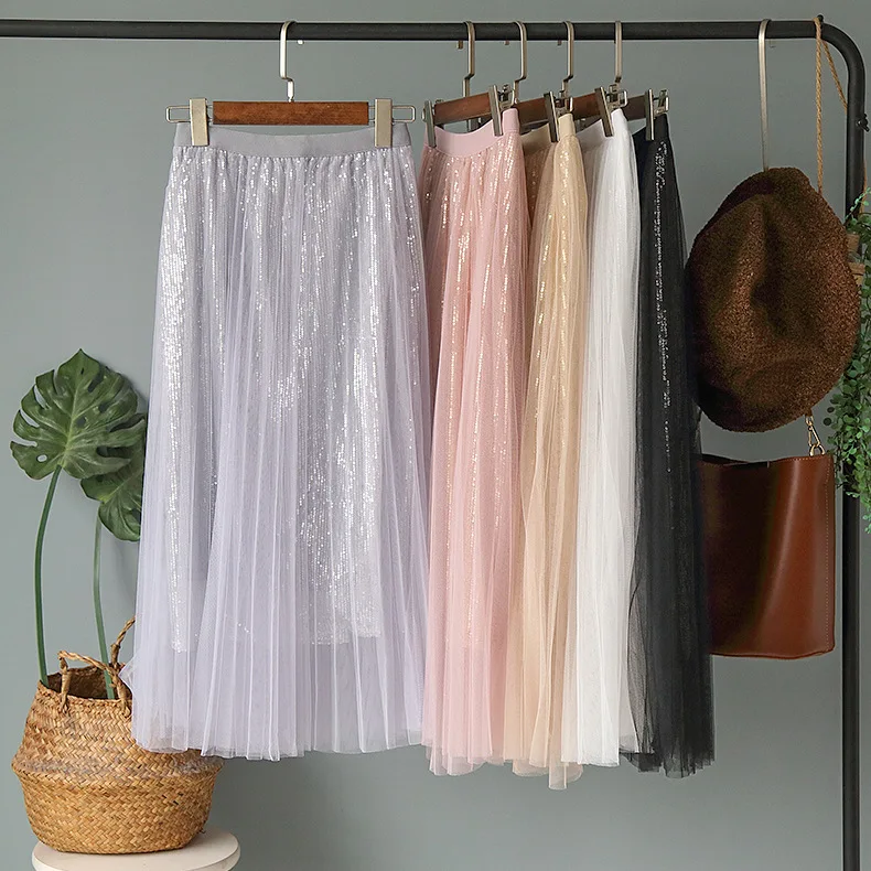 Женская юбка с блестками ALPHALMODA однотонная высокой талией и из газовой ткани на