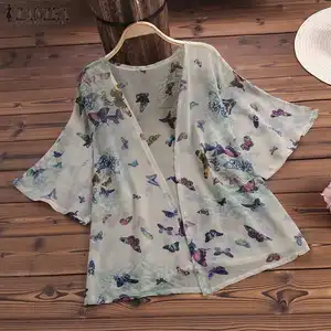 ZANZEA женское кимоно кардиганы 2021 Летняя женская обувь с цветочным рисунком, рубашка Повседневная Блузка с принтом пляжный кардиган Blusa Feminina размера плюс 5XL