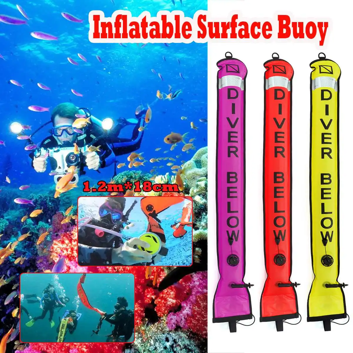 

DIVING SMB 1M/1.2M/1.8M Colorful Visibility Safety Inflatable Scuba Diving SMB Surface Signal Marker Buoy Accessory