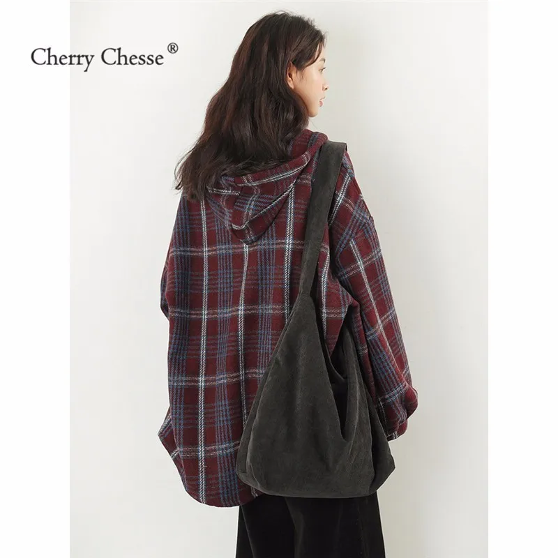 Cherry Chesse плед Для женщин с капюшоном Блузка Кнопка свободную рубашку женский