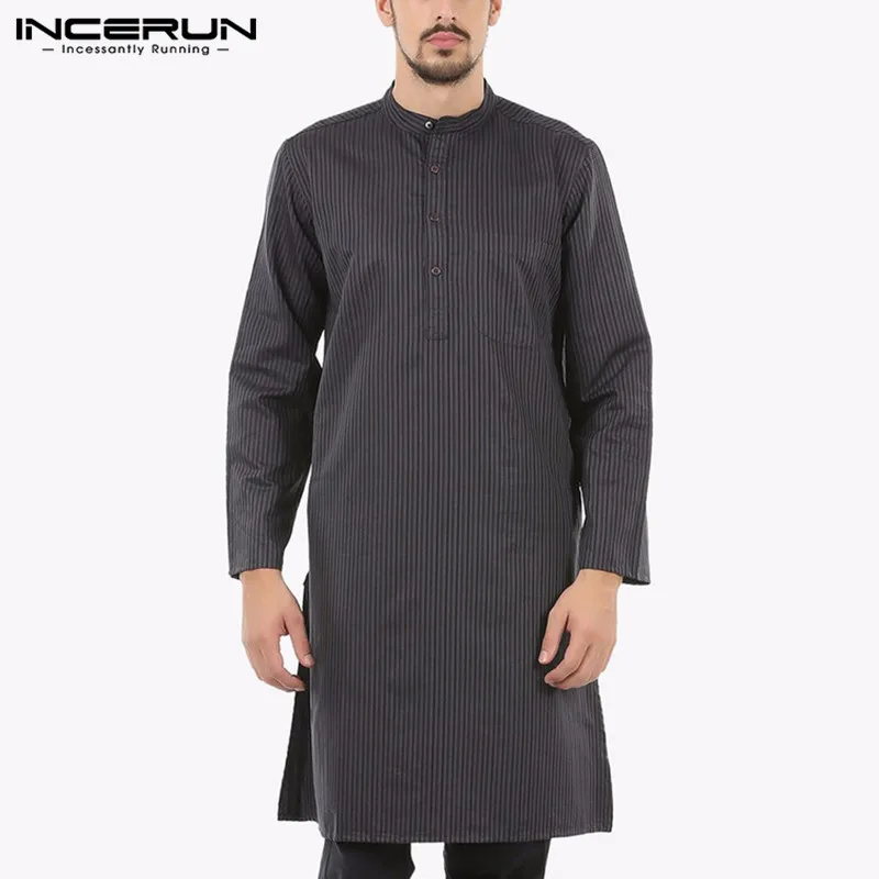 INCERUN 2020 Мужская рубашка индийский костюм полосатый хлопок длинный рукав стоячий