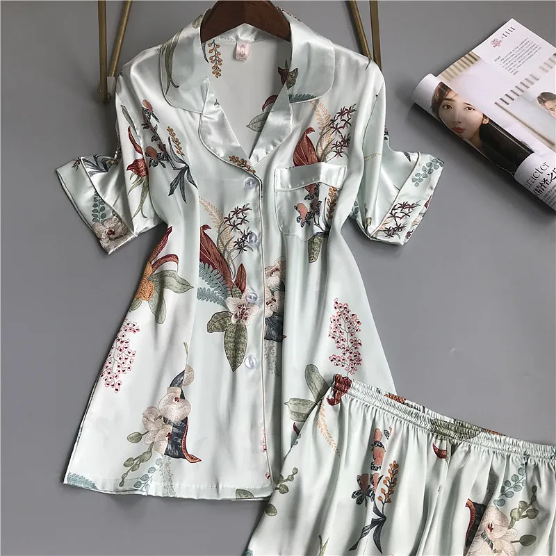 2019 летние шелковые пижамы женские комплекты с шортами Цветочный принт коротким