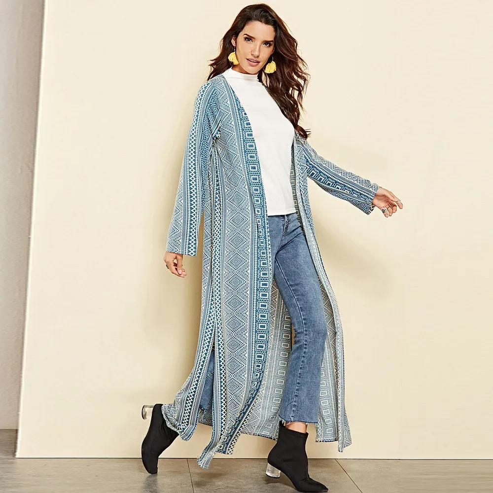 Длинное пальто кардиган Для женщин Разделение Свободные Boho модный принт верхняя