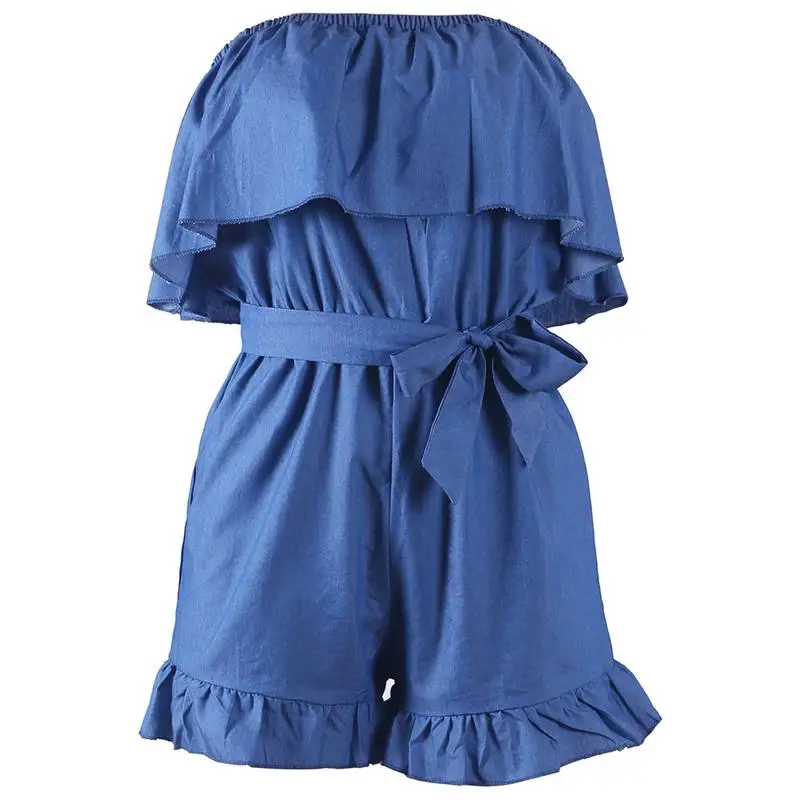 Off-shoulder Ruffled Denim Falbala Women's Jumpsuit Bodysuit Shorts | Женская одежда