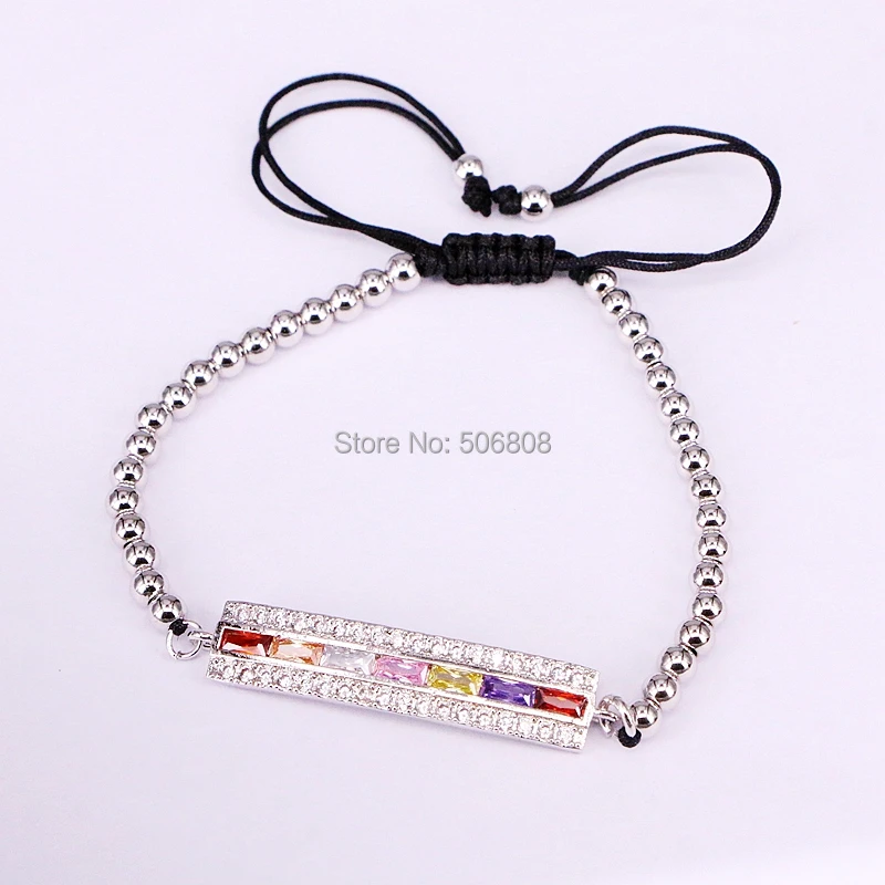 

6PCS ZYZ-B0611 Luxury Bracelet 4mm Beads Rainbow CZ Rectangle Bar Braided Macrame Bracelets For Women Jewelry Gift