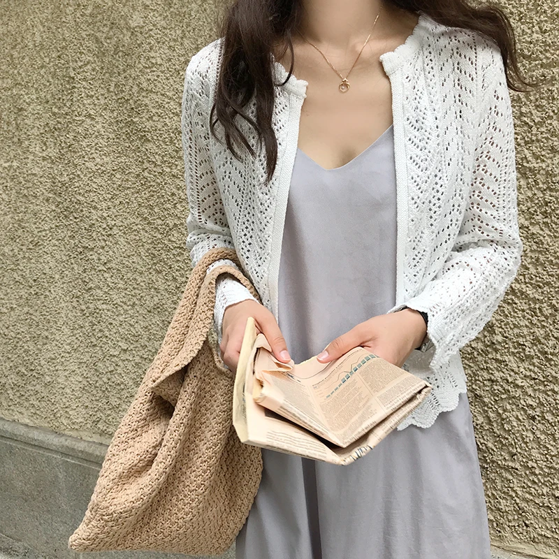 2020 spring new cardigan sweater short cut long sleeves hollowed elegant lady thin design |