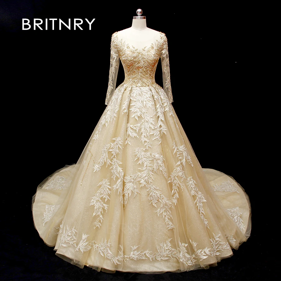 Goedkoop Britnry 2020 Luxe Sexy Champagne Goud Trouwjurken Kant Applicaties Kralen Tulle Baljurk Bruid Jurk Vestido De Noiva