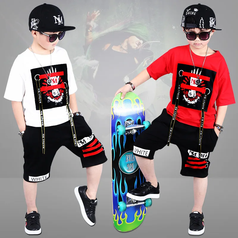 2018 New Children's Cool Hip Hop Dance Clothes Set Kids Performance Cotton Short Sleeve Pattern Belt T-shirt+Short Pants Suits | Детская