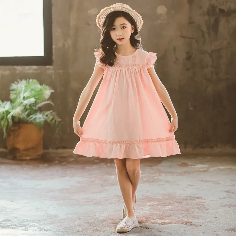 Teenage Kids Dresses For Girls Summer White Pink Party Toddler Girl Dress 2019 New Cotton Linen Holiday Children Clothing | Детская
