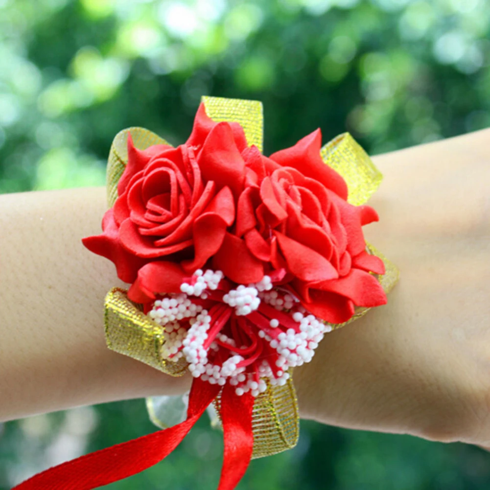 Foam Rose Flowers Bridal Bridesmaid Wrist Corsage Wedding Party Ribbon Bracelet Artificial &amp Dried | Дом и сад