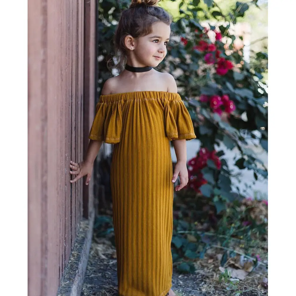 Emmanbaby Toddler Kids Baby Girls Yellow Knitted Dress Off-shoulder Short Sleeve Sundress Long 1-6Y | Детская одежда и обувь