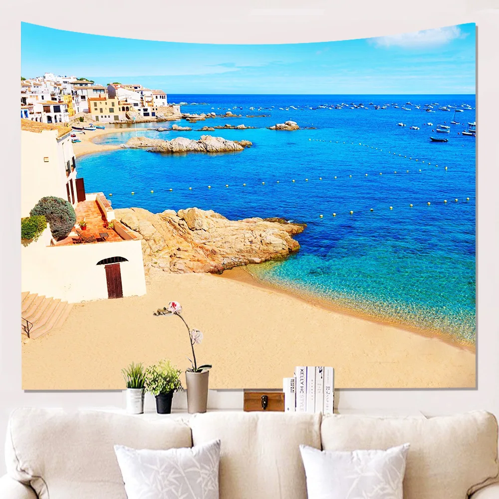 Seaside Tapestry Wall Hanging Blue Sky Beach View Window Boho Decor Dorm Carpet for Home Blanket | Дом и сад