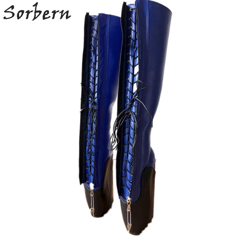 

Sorbern 18cm Sexy Ballet Wedge Boot Women Plus Size Custom Wide Calf Size Hoof Heelless Boots Zip Fetish Blue Black Matte Shoes