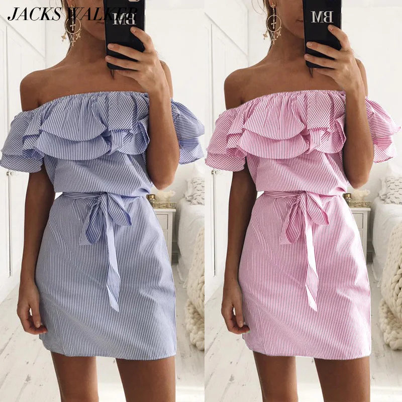 Летние Повседневное женское платье рюшами Slash шеи пляжное сексуальные